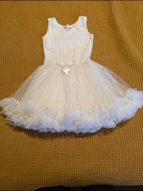 Popatu White Tulle Party Dress with Bow Accent, 5-6y